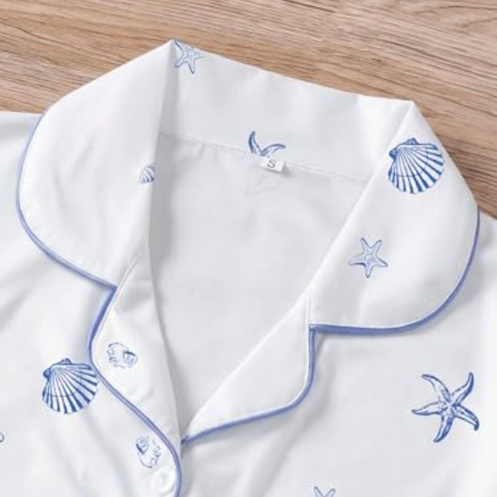Shell Print Button Down Pajama Set Cute Lounge Sl… - image 3